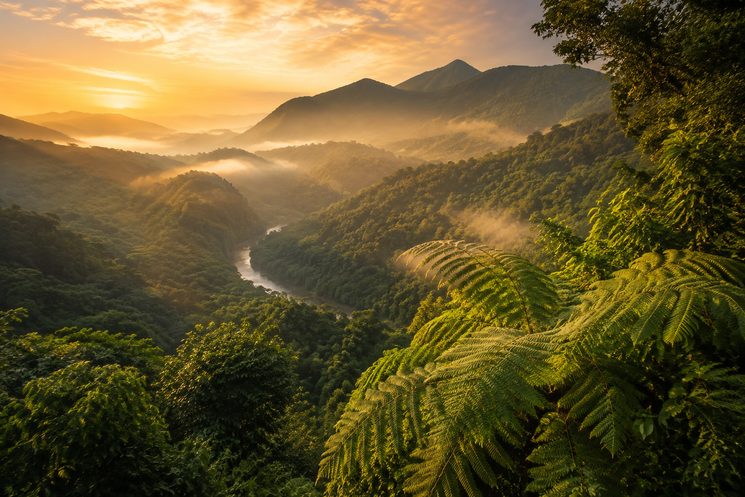 Illustration of green forested mountains at sunrise
